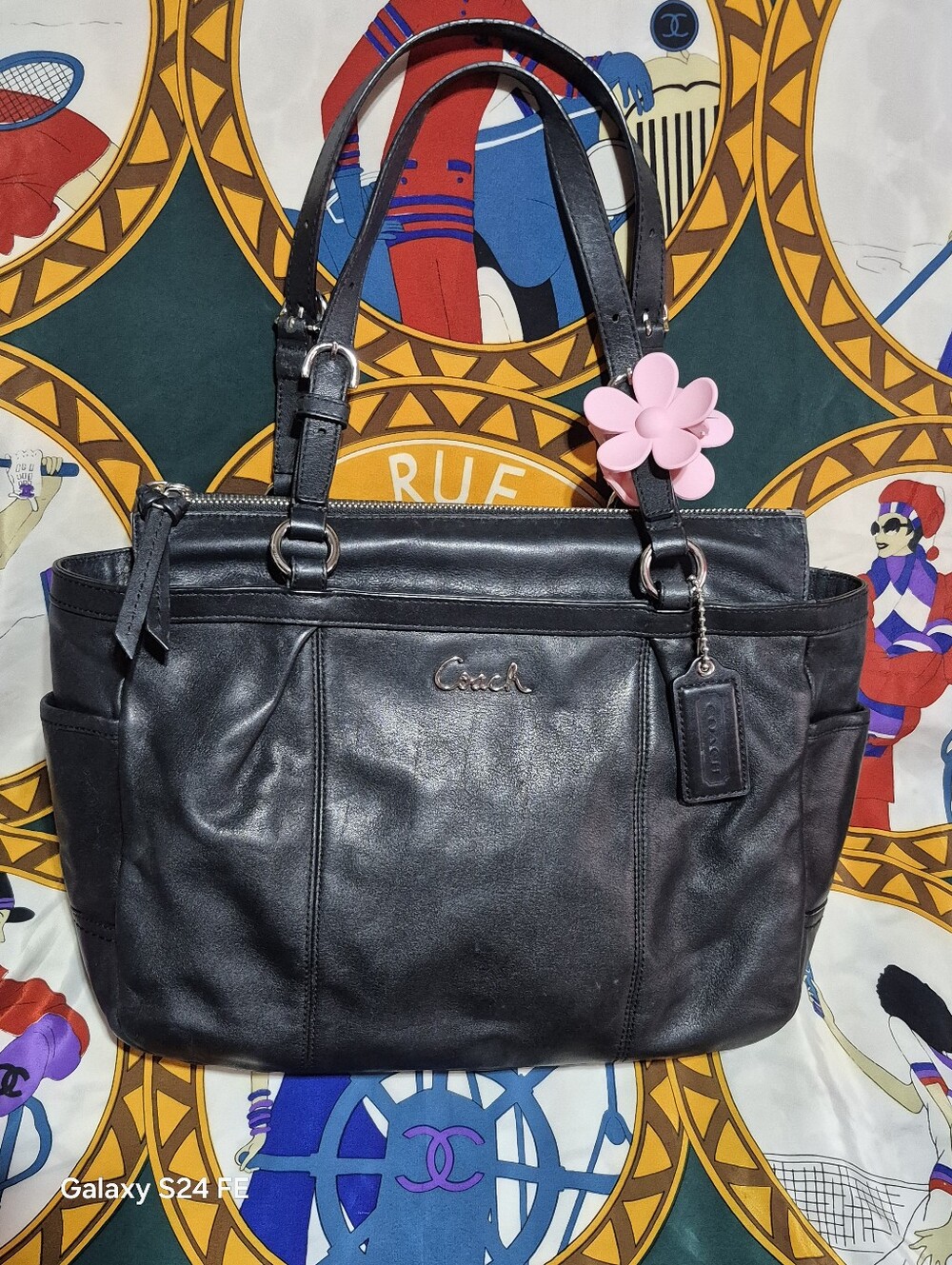 Coach Black Leather East West Zip Top Bag